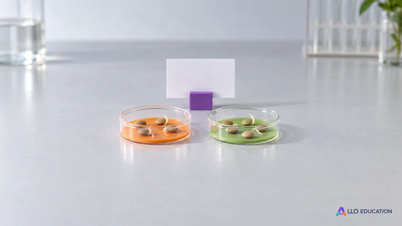 Deux petites boîtes de graines et une fiche vierge sur un support violet évoquent une comparaison expérimentale fictive.