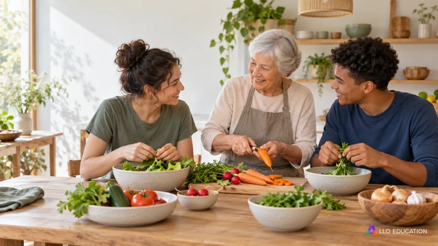 Trois personnes fictives préparent ensemble un repas de légumes dans une pièce claire, échangeant gestes et idées.