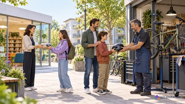 Scène muette dans un quartier, famille devant un atelier de vélos, mécanicien, employée d’une médiathèque et échanges d’objets ; aucun texte, enseigne, chiffre ou badge.