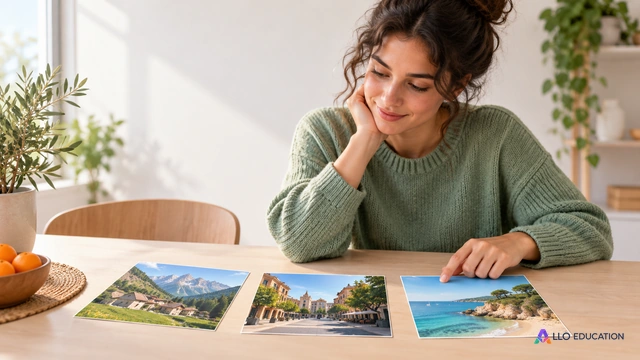 Une jeune adulte observe trois cartes illustrant un village de montagne, une ville et un littoral, sur une table claire.