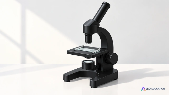 Couverture dessinée sans texte : microscope optique monoculaire noir mat à un objectif, une lame préparée fermée sur la platine, table blanche nue. Aucun personnage, aucun.