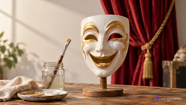Un masque de théâtre en train de sécher, sujet central avec un pinceau à proximité, rideau discret au second plan ; aucun mot ni diagramme de propositions.