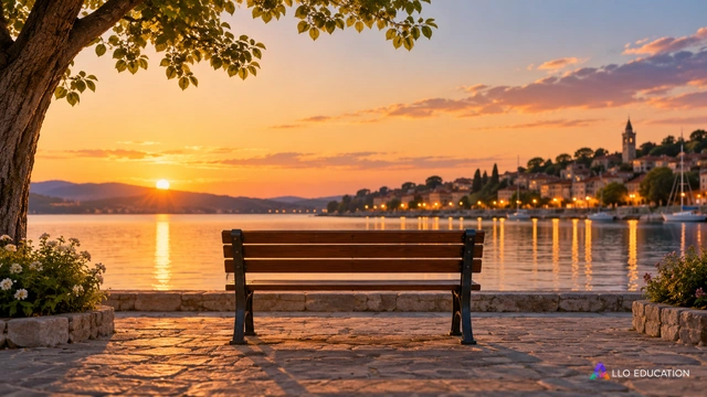 Un banc de jardin vide comme sujet central devant une rive aux points de lumière dorés, ciel du soir naturel ; aucune personnification matérielle, aucun cahier ni texte, compositio