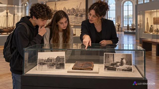Visite scolaire fictive de galerie anglophone : médiatrice et lycéens observent photos muettes de port et d’objets, carnet fermé ; aucune œuvre réelle reproduite ou attribuée.