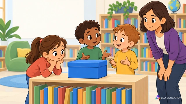 Couverture primaire muette : une boîte bleue fermée, objet central posé sur une étagère basse claire ; à côté une enfant fictive observe la boîte pendant que deux enfants.
