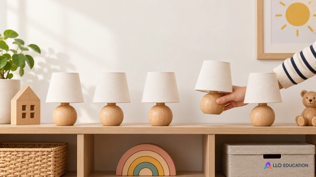 Couverture éditoriale Allo Primaire muette : une petite main replace une lampe de table miniature parmi plusieurs petites lampes identiques bien alignées sur une étagère basse.
