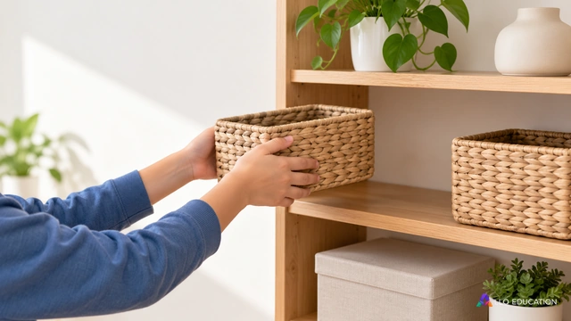 Couverture éditoriale muette : une main d’enfant approche doucement un petit panier uni pour le poser sur une étagère en bois, geste de mise en relation entre la main, l’objet.
