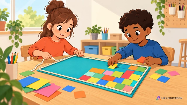 Couverture primaire muette : sur une table d’atelier lumineuse, une plaque rectangulaire de carton turquoise est l’objet central. Une enfant fictive tient une corde souple qui.