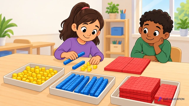 Couverture primaire muette : sur une table claire d’atelier mathématique, trois plateaux simples contiennent des blocs colorés de manipulation de tailles différentes, petits.