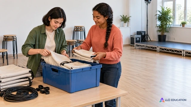 Zoé et Salomé, deux jeunes adultes fictives, rangent des housses claires pliées dans une boîte bleue sur la table d’une salle associative.