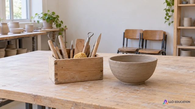 Une caisse d’outils de modelage et un bol de terre au centre d’une table claire, avec chaises et poteries rangées : une offre d’atelier associatif à faire connaître.