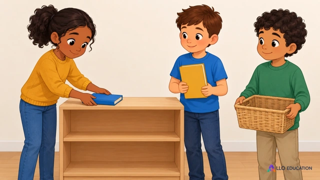 Dans une classe fictive, Nina pose un livre fermé bleu uni sur une étagère basse stable, Tom tient un livre fermé ocre uni et Sami tient un panier vide. Ils préparent un coin lectu