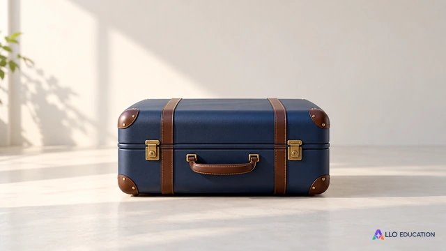Une valise fermée sans inscription, seul objet sur un fond calme.