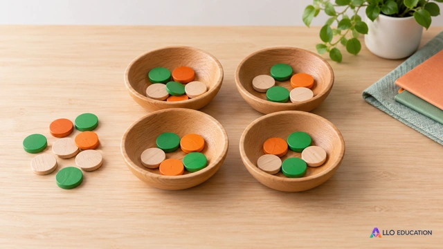 Des coupelles de bois et des jetons colorés évoquent le partage sur une table claire, sans quantité chiffrée ni inscription.
