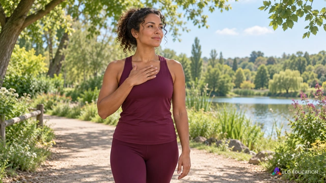 Adulte fictive en tenue sportive simple bordeaux, debout au calme dans un parc, une main posée légèrement sur le haut de sa poitrine, bouche naturelle et épaules relâchées ; aucune