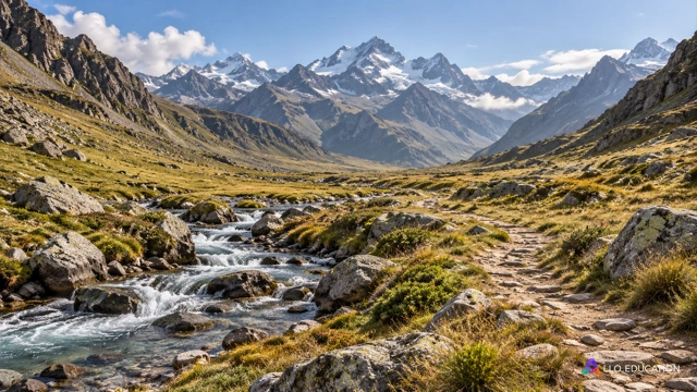 Paysage de montagne fictif inspiré de reliefs andins, sans prétendre représenter un lieu réel : vallée lumineuse avec versants rocheux, végétation basse naturelle, un ruisseau et u