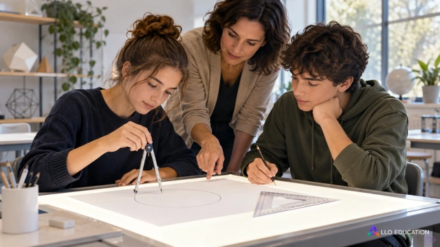Deux lycéens fictifs et une enseignante construisent une esquisse de cercle au compas sur une feuille muette ; les figures des notions donnent les configurations et les valeurs exa