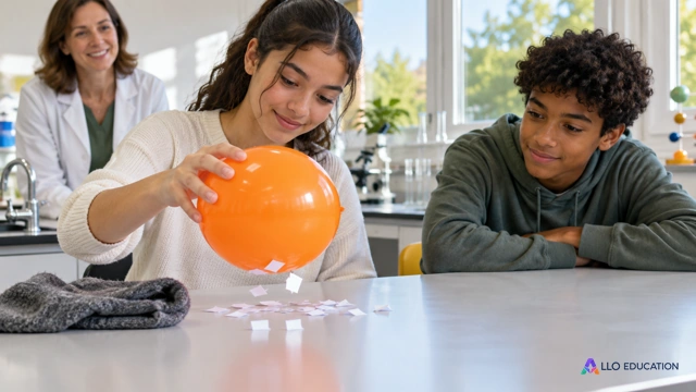 Deux lycéens fictifs et une enseignante observent un ballon près de petits morceaux de papier muets sur une table de laboratoire ; les schémas du parcours définissent les charges,