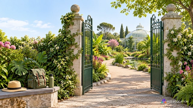 Une porte de jardin botanique ouverte comme sujet central, sentier et feuillage au-delà, sac de visite au premier plan ; charte primaire, aucun horaire, tarif, mot ou badge.