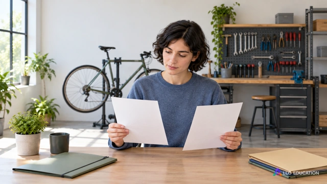 Une journaliste fictive dans un atelier de vélos compare des feuilles vierges près d’outils rangés, avant une intervention publique.