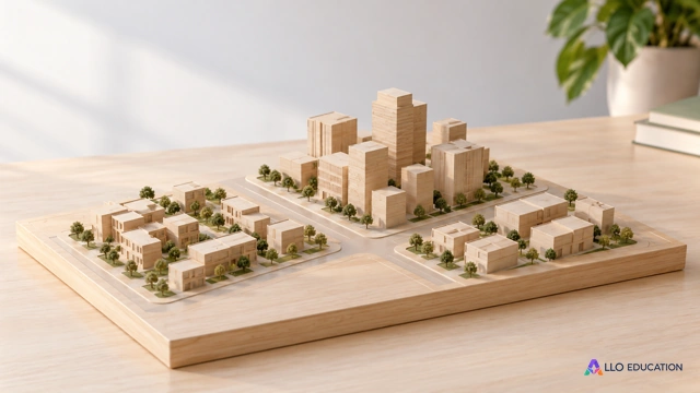 Une maquette architecturale en bois clair montre plusieurs groupes de bâtiments sur une même base, sans inscription ni fonction déduite de leur hauteur.