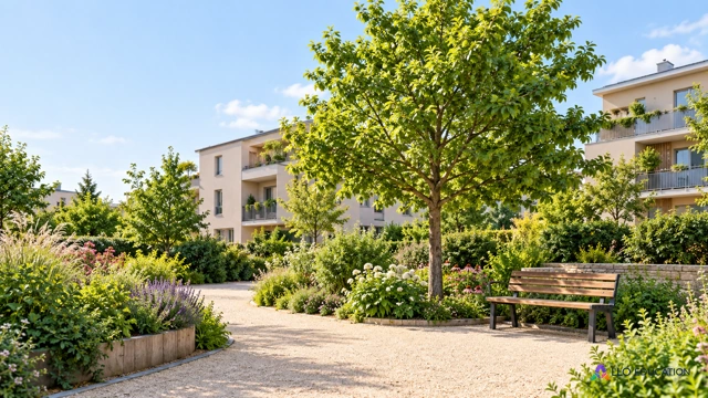 Un petit jardin urbain, avec des arbres et un banc, s’insère entre des logements français ; les chemins et plantations restent visibles sans inscription.