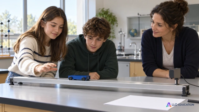 Deux lycéens fictifs et une enseignante observent un petit chariot sur une table de laboratoire ; aucun chiffre sur les appareils ni texte sur les feuilles. Les relevés fictifs exa