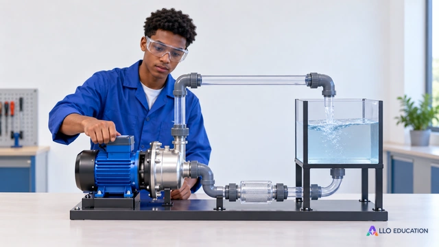 Une pompe pédagogique reliée à un petit circuit d’eau fermé, sujet central réaliste sur fond clair ; aucune graduation, valeur, formule ou écran lisible.