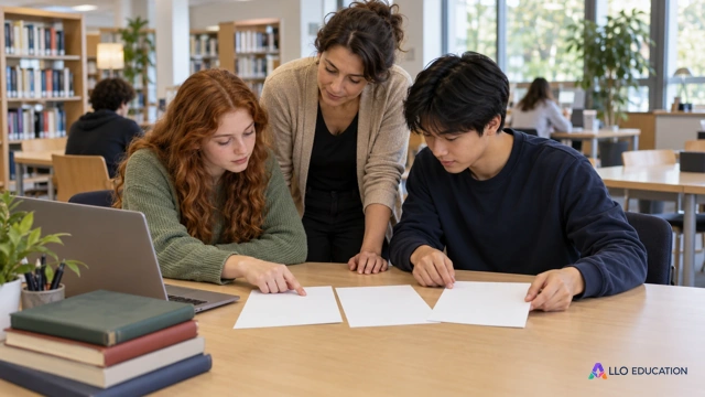 Deux lycéens fictifs et un adulte accompagnateur comparent des feuilles muettes sur une table de bibliothèque ;les états, tableaux et modèles exacts sont dans le parcours.