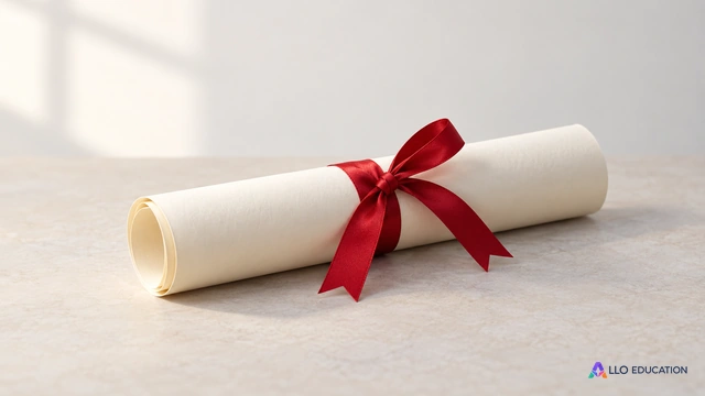 Un rouleau de diplôme fermé sans texte ni sceau lisible, seul objet sur fond calme.