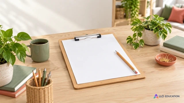 Un porte-document en bois clair avec une feuille entièrement blanche et un crayon est posé sur une table.