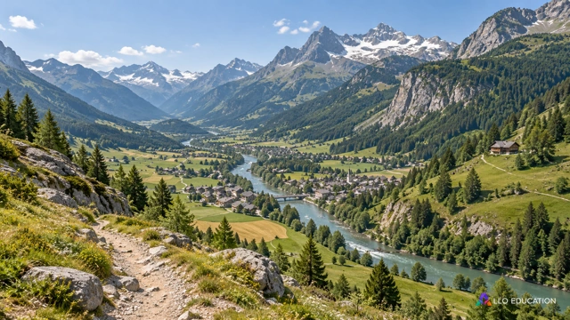 Vue d’une vallée alpine fictive avec rivière, bourg, prairies, versants boisés et sentier : des milieux et des usages coexistent dans un même paysage.