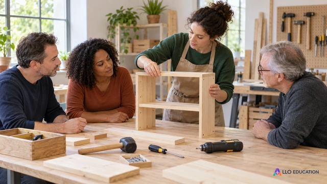 Une animatrice fictive travaille avec trois adultes autour d’une étagère en bois, dans un atelier lumineux sans enseigne ni inscription.
