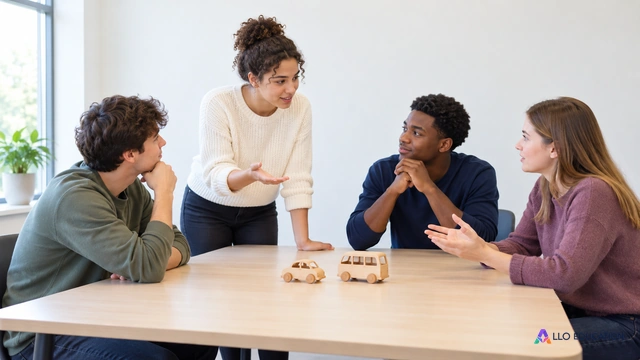 Des lycéens préparent une discussion sur leurs déplacements, autour de petits véhicules de bois, sans inscription.