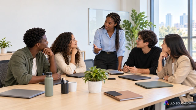 Cinq jeunes adultes fictifs discutent calmement d’un projet dans une salle de réunion lumineuse, dossiers fermés ou retournés, diversité de gestes et d’écoute, aucun badge, symbole