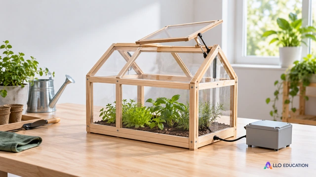 Une serre miniature en bois à parois transparentes, avec un volet entrouvert et un boîtier gris fermé relié au cadre.