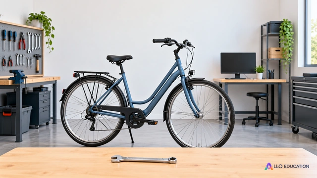 Un vélo de prêt au centre avec une clé ordinaire posée devant, atelier associatif sobre et écran vierge au second plan ; composition éditoriale muette sur fond clair, aucun code ni
