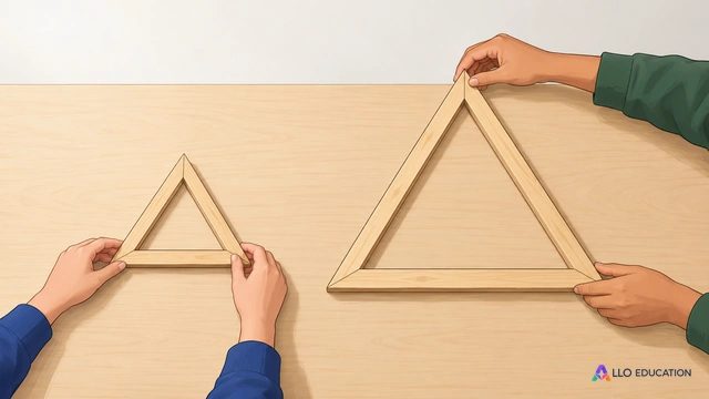 Des mains d'élève assemblent sur une table nue deux cadres triangulaires semblables en baguettes de bois brut, un petit et un grand ; vue du dessus, aucune graduation, aucun.