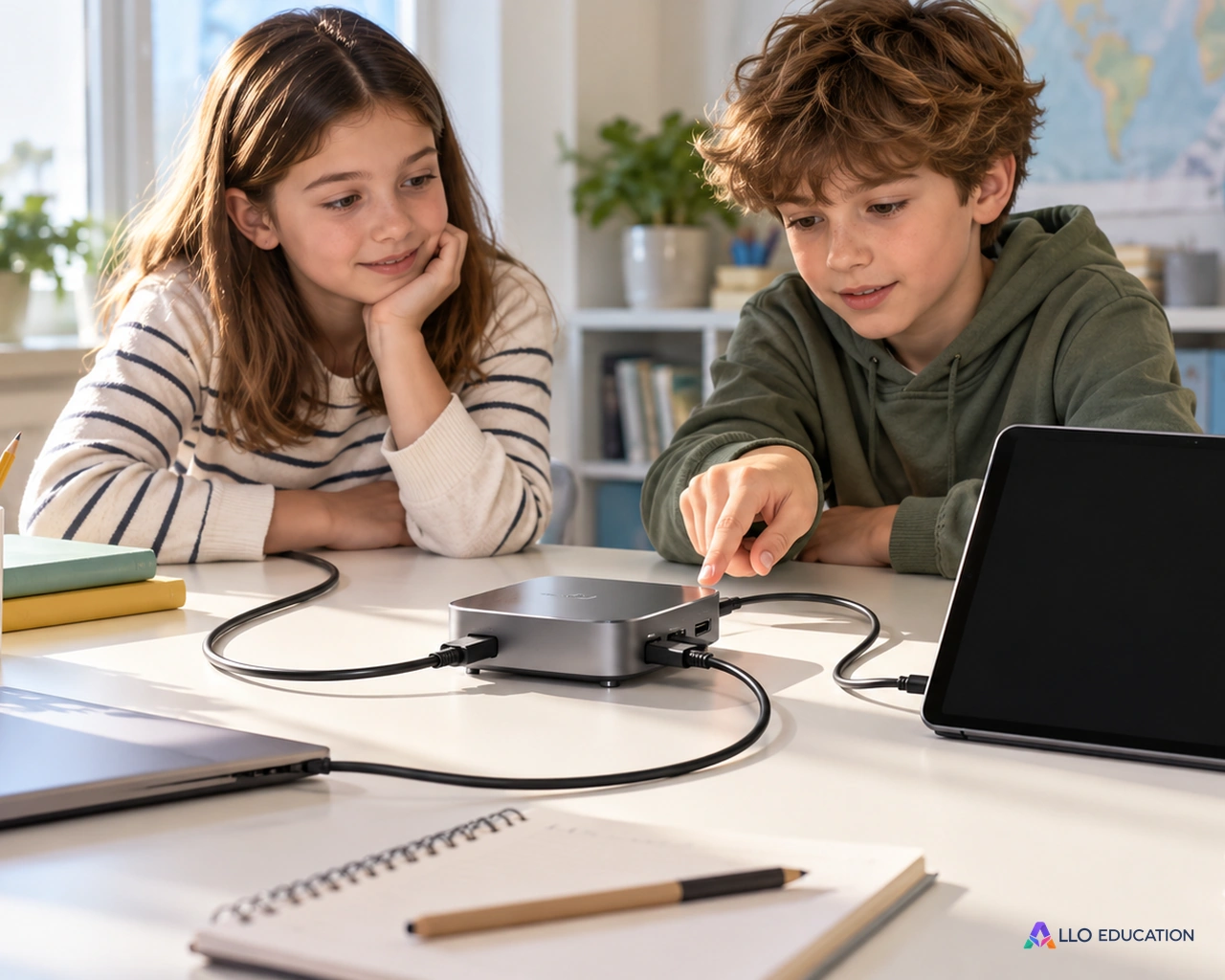 Un boîtier, un câble et une tablette : les échanges numériques utilisent des équipements.