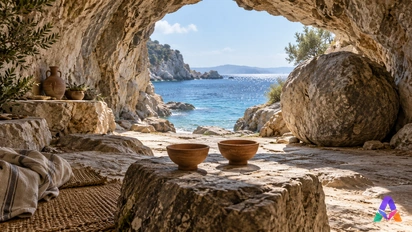 Le seuil d’une grotte ouvre sur la mer ; un rocher et deux coupes d’argile évoquent une rencontre.
