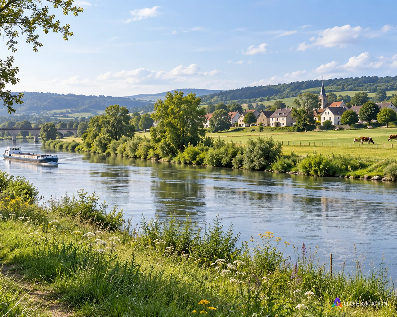 Un fleuve et des espaces habités fictifs évoquent ressource, risque et décisions d’aménagement.